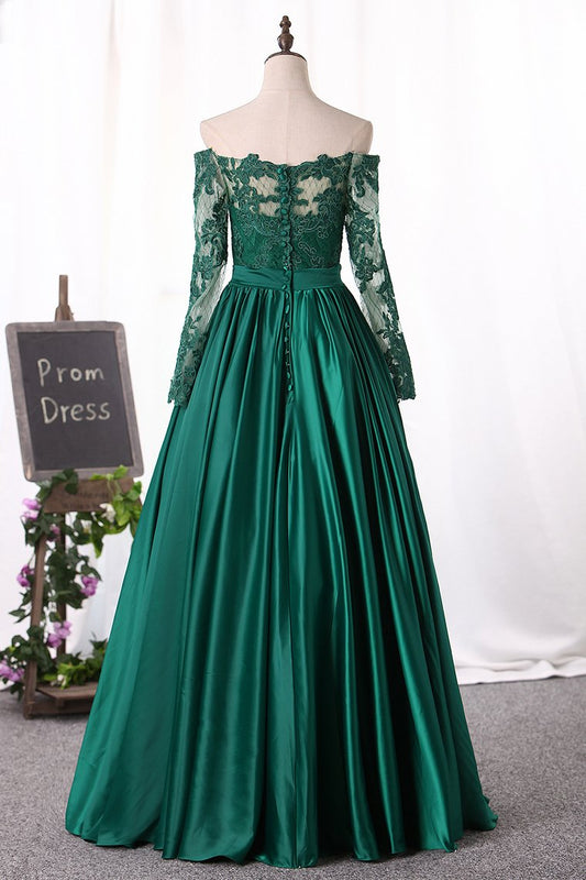Off The Shoulder Long Sleeves Evening Dresses A-Line Stretchy Satin
