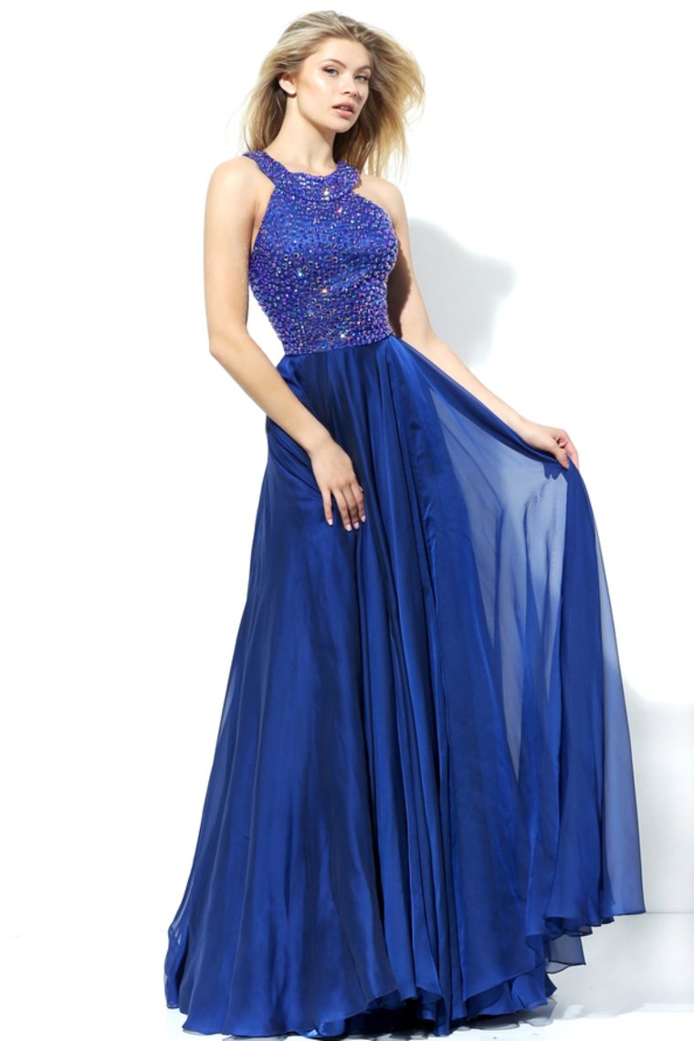 Scoop Prom Dresses Chiffon With Beading A Line Sweep Train