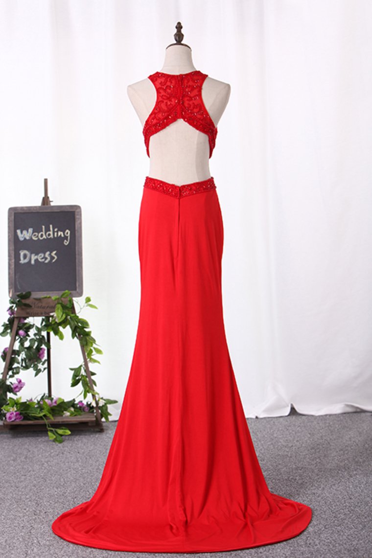 Sexy Open Back Scoop Mermaid Prom Dresses Spandex With Embroidery And Slit