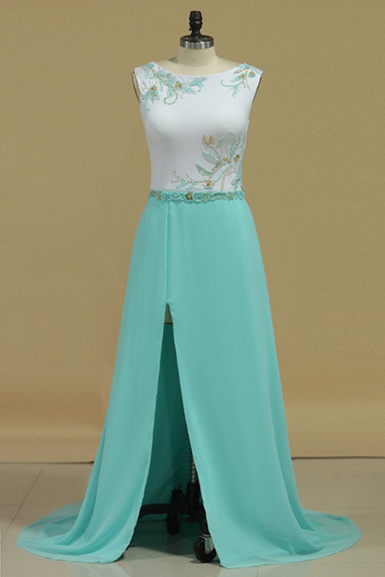 A Line Scoop Prom Dresses With Beads And Slit Sweep Train Chiffon