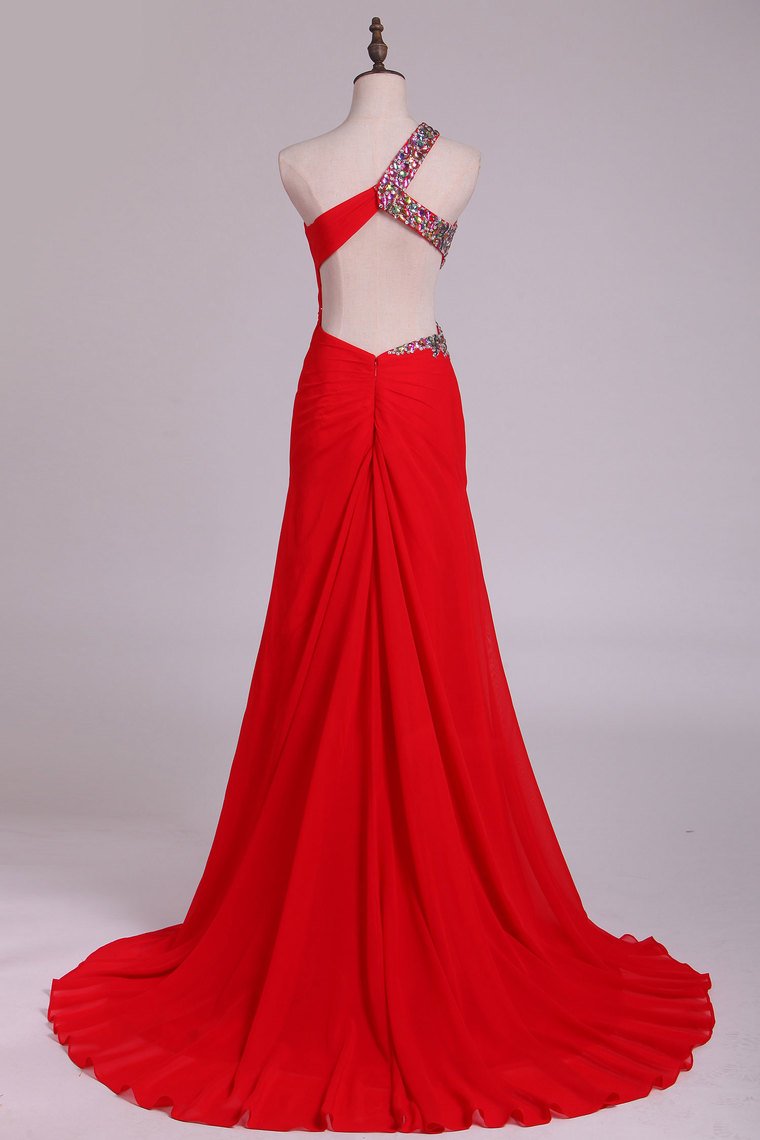 One Shoulder Sheath Prom Dresses Red Chiffon With Beads And Slit