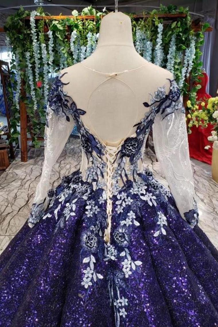 Ball Gown Long Sleeves Sequins Scoop Prom Dress, Puffy Quinceanera Dress Appliques
