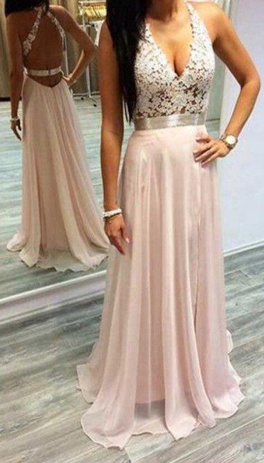 Sexy Pink Prom Dresses Halter V-Neck Lace Sleeveless Open Back Chiffon Evening Gowns WK648