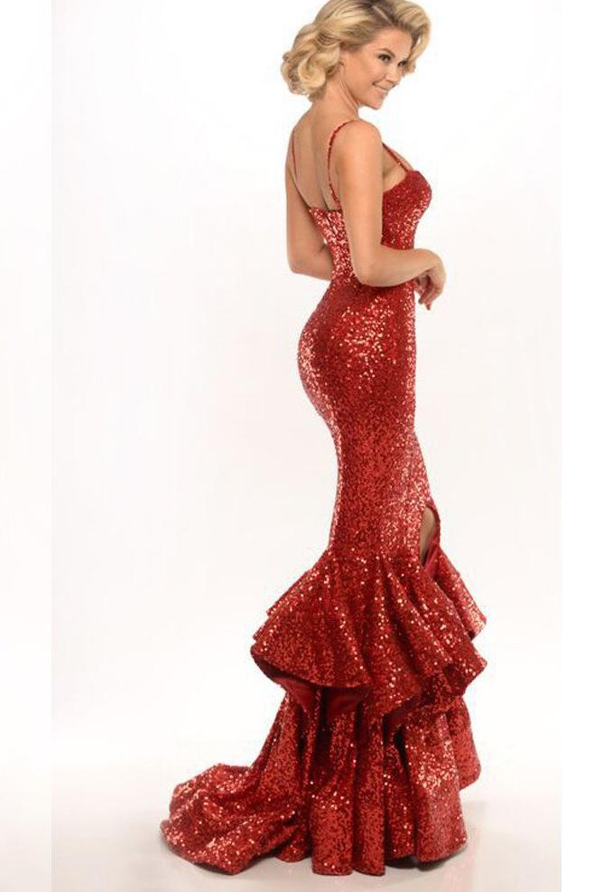 Spaghetti Straps Red Sequin Long Mermaid Front Slit Sparkle Long Prom Dresses WK520