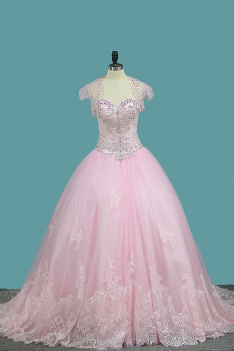 Ball Gown Quinceanera Dresses Sweetheart Sweep/Brush Lace Up Back Applique And Beading