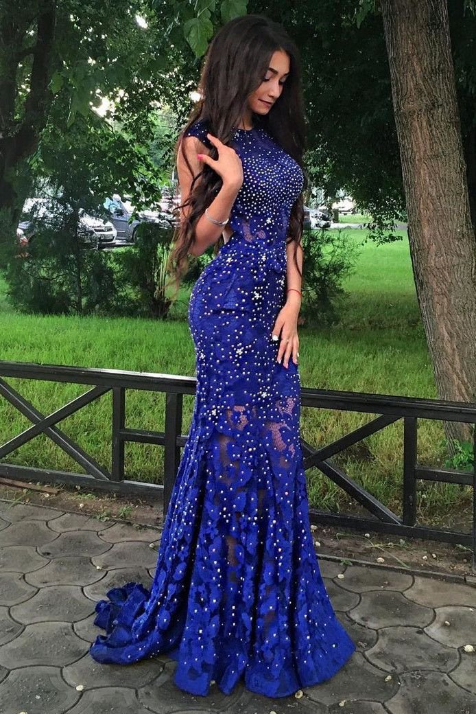 Royal Blue Jewel Sweep Train Lace Backless Mermaid Prom Dress with Beading N36