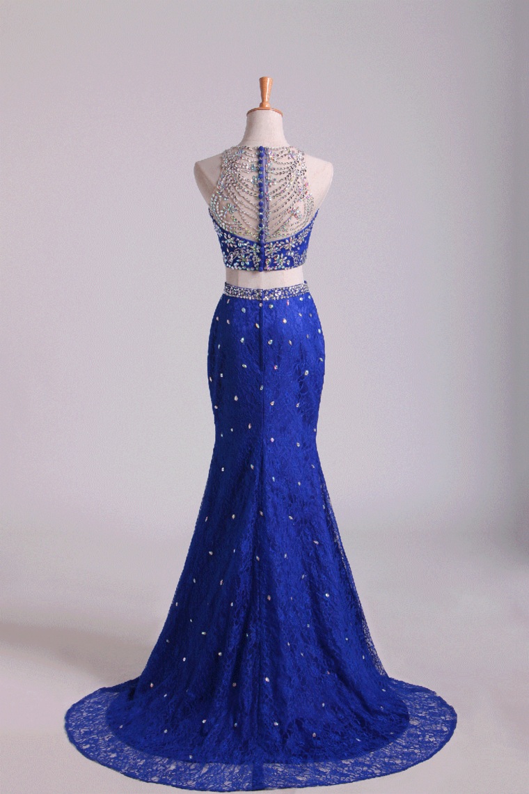 Two-Piece Scoop Mermaid Prom Dresses With Beading Lace Dark Royal Blue