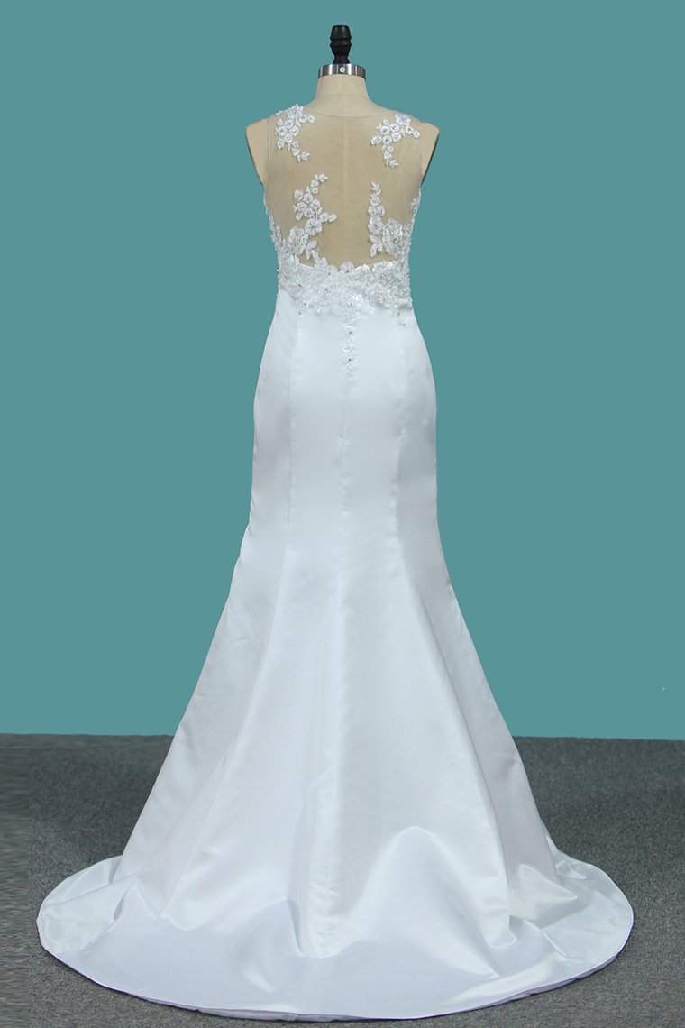 Satin Mermaid Scoop Court Train Detachable Wedding Dresses With Applique