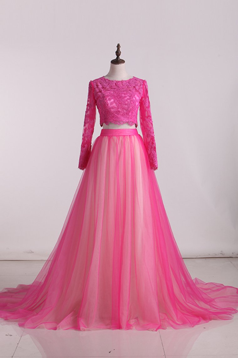Prom Dresses Scoop Two-Piece Open Back Tulle With Applique Long Sleeves