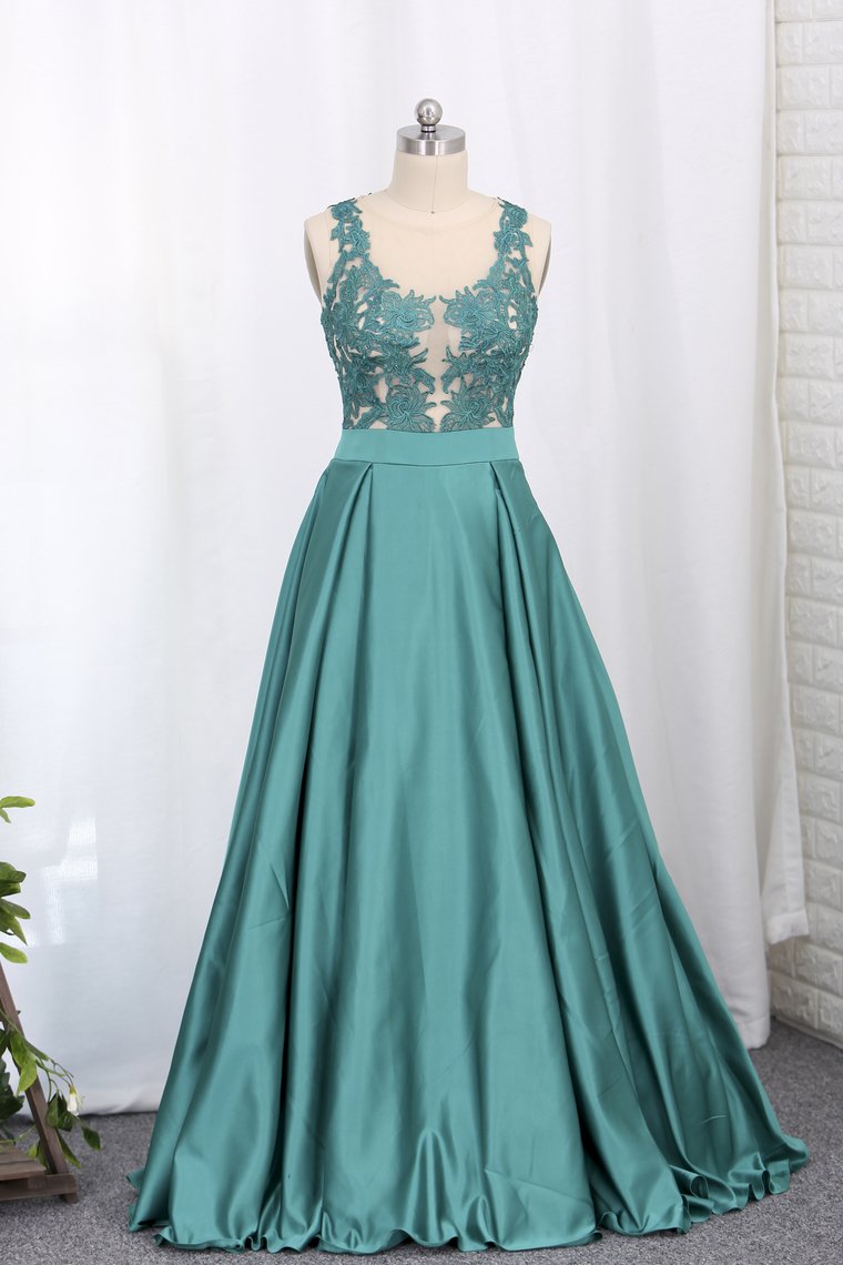 A Line Prom Dresses Satin Scoop With Applique Sweep Train