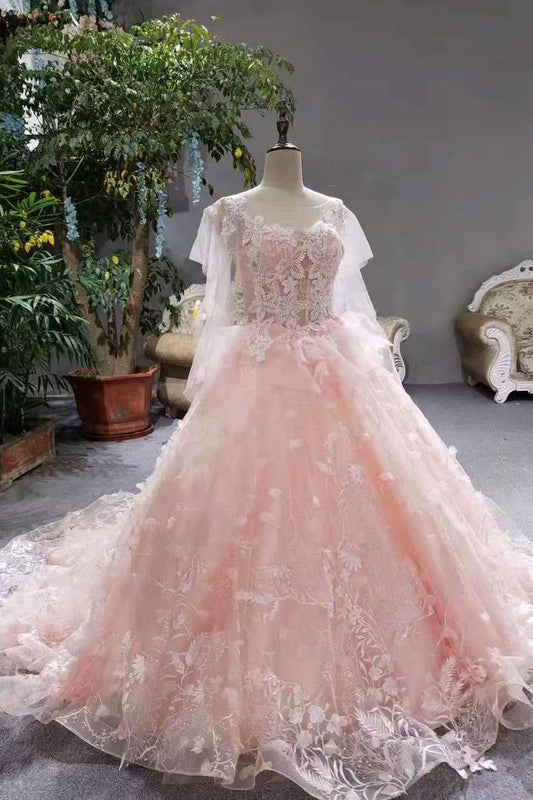 New Arrival Pink Wedding Dresses Lace Up With Appliques A-Line Scoop Neck