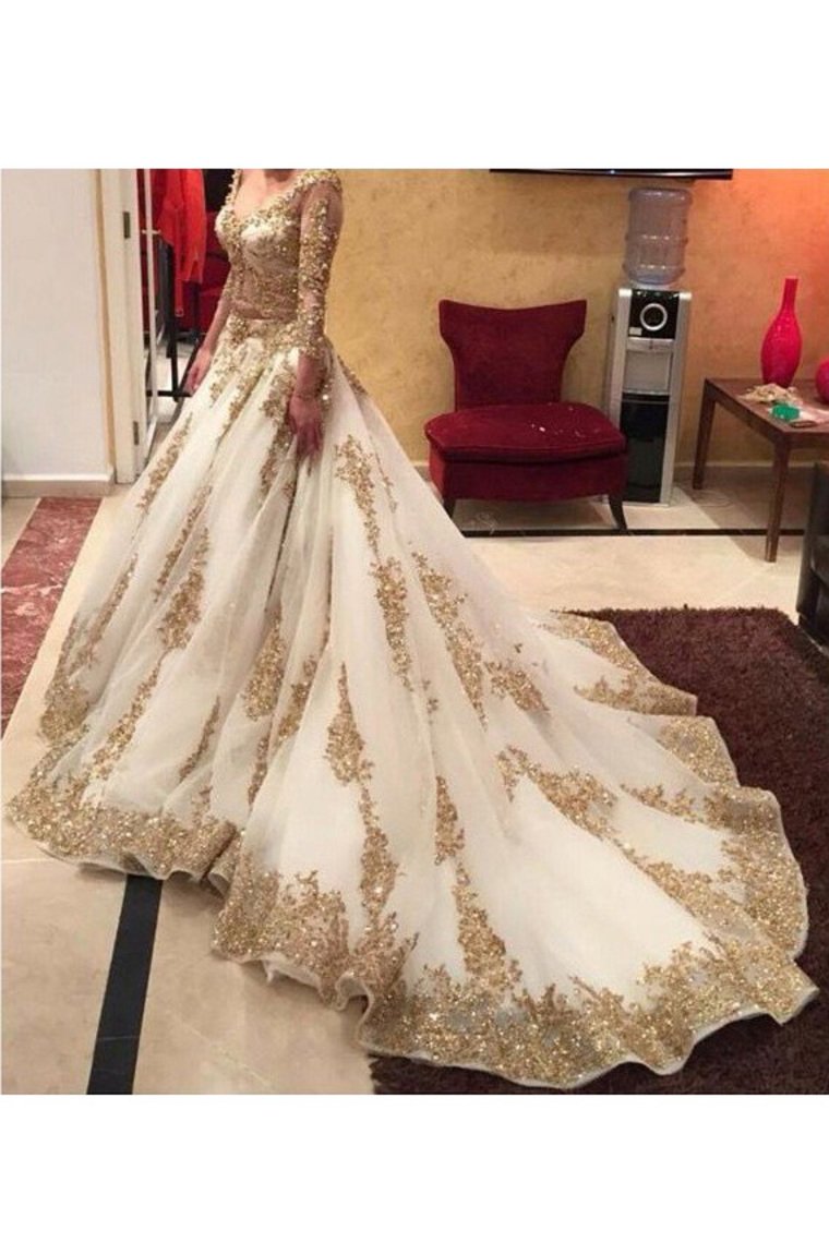 Prom Dresses V Neck Long Sleeves Tulle With Applique And Beads Court Train