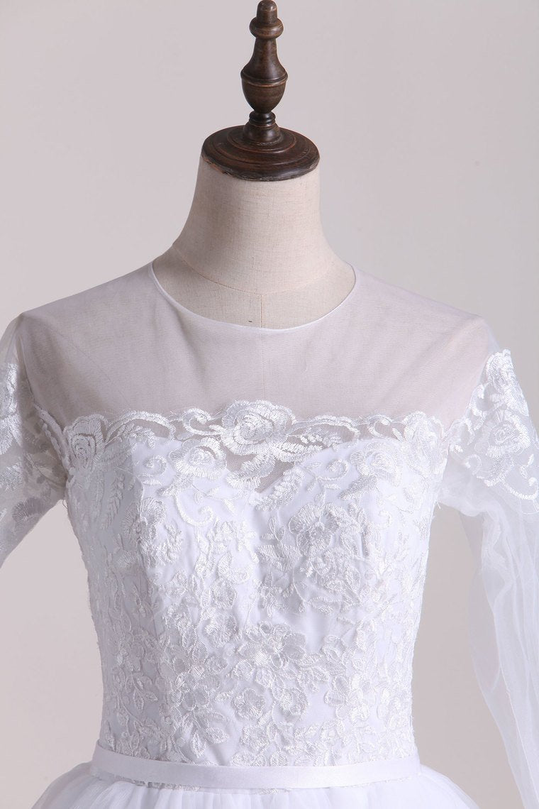 A Line Scoop Long Sleeves Tulle With Applique And Sash Wedding Dresses