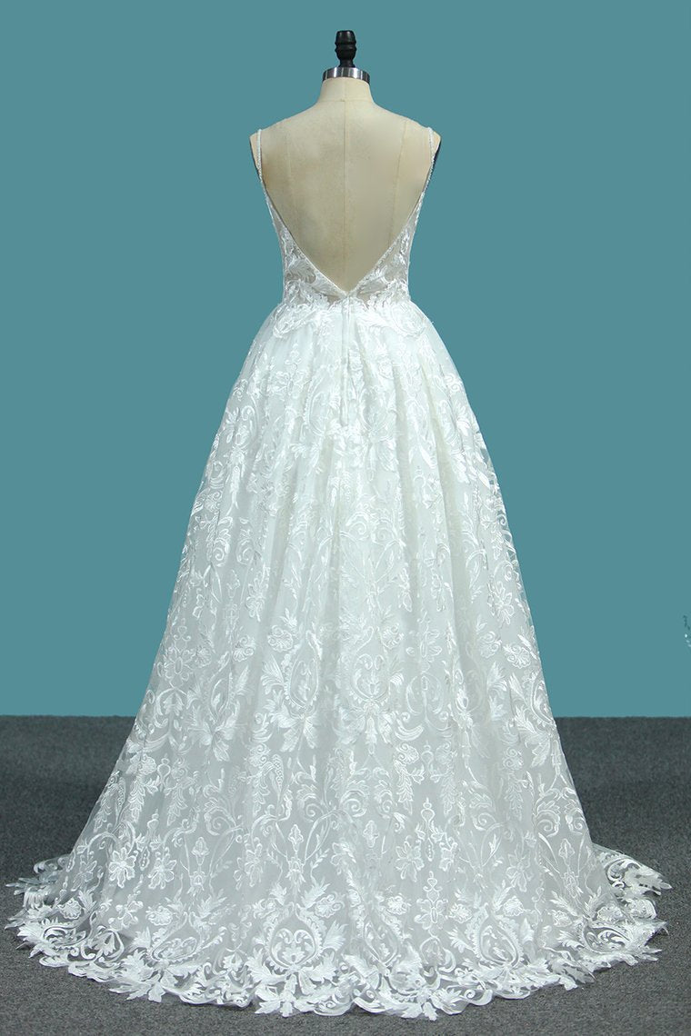 2024 A Line Lace Wedding Dresses Spaghetti Straps With Beads Sweep Train