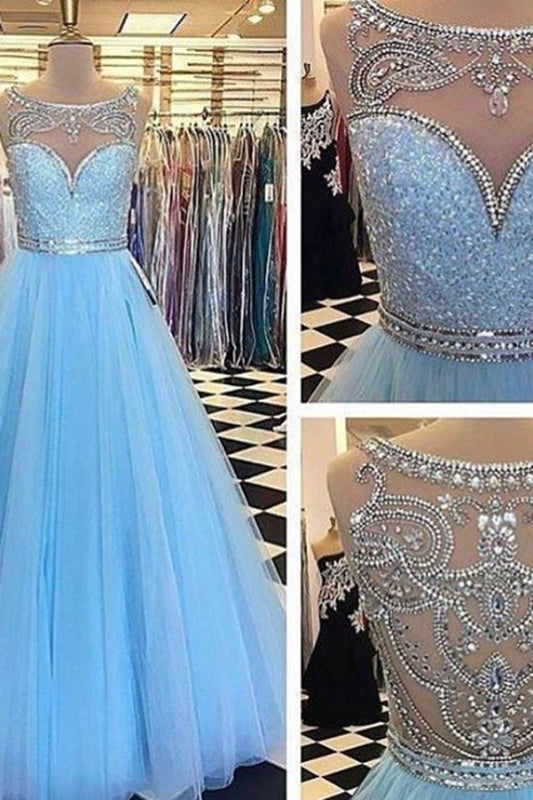 New Arrival Tulle Scoop With Applique And Beaded Bodice Prom Dresses A Line Zipper Up