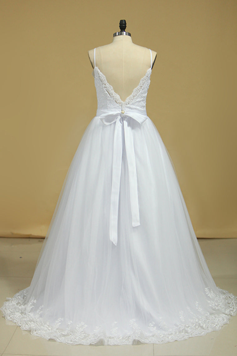 Wedding Dresses Spaghetti Straps Tulle With Applique And SWKPFGDEMAQ