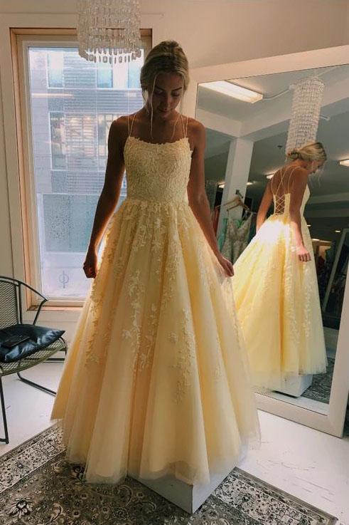 A Line Yellow Tulle Prom Dresses with Lace Appliques, Criss Cross Straps Formal Dresses SWK15047