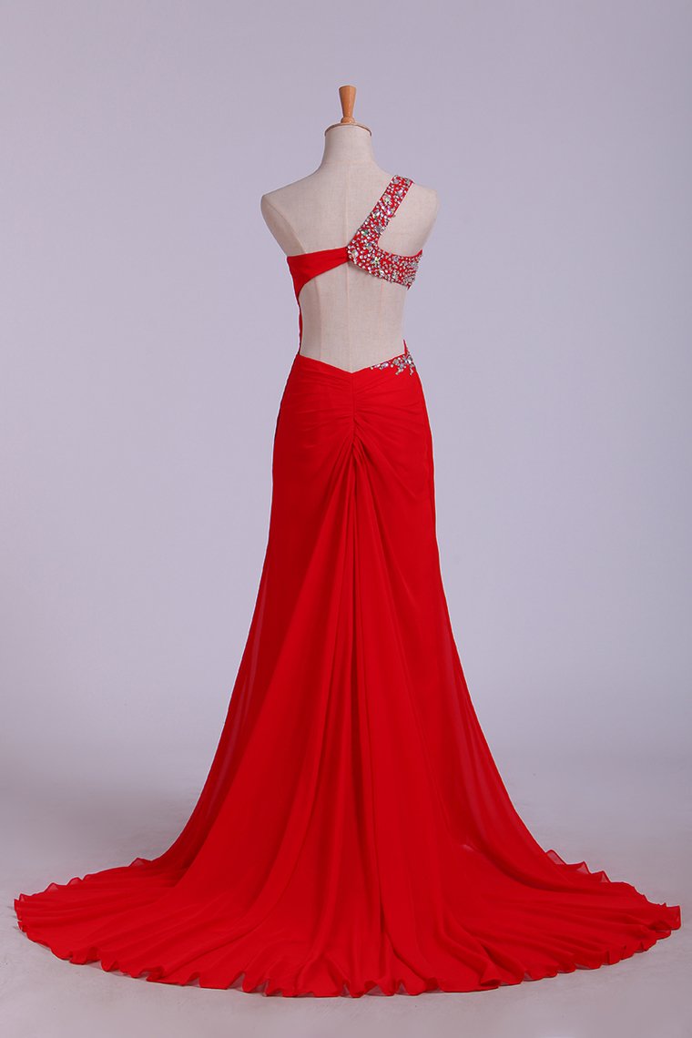 Prom Dresses Red One Shoulder Chiffon