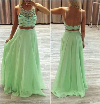 Two Pieces Green Chiffon Rhinestone Backless Scoop A-Line Beads Prom Dresses WK955