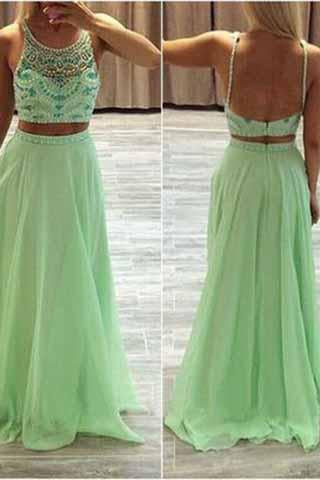 Two Pieces Green Chiffon Rhinestone Backless Scoop A-Line Beads Prom Dresses WK955
