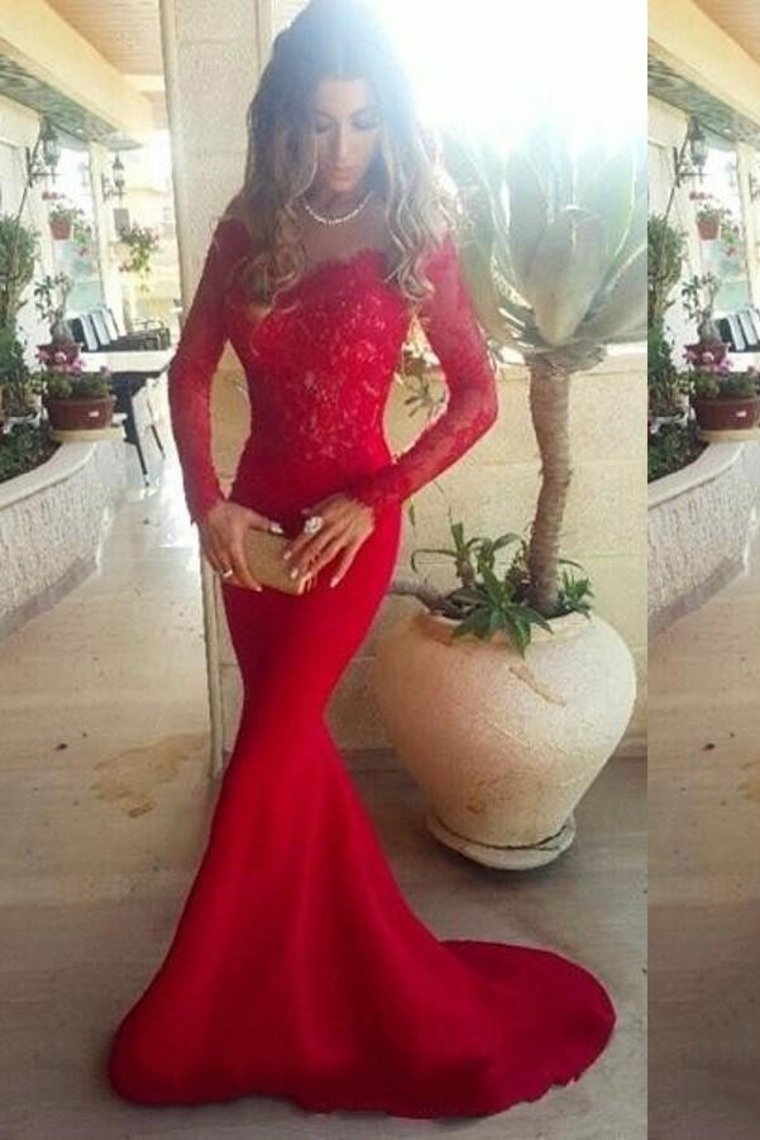 Prom Dresses Mermaid/Trumpet Spandex With Applique Sweep Train Red
