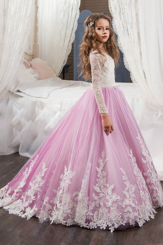 Scoop Flower Girl Dresses Long Sleeves Tulle With Applique And Sash A Line