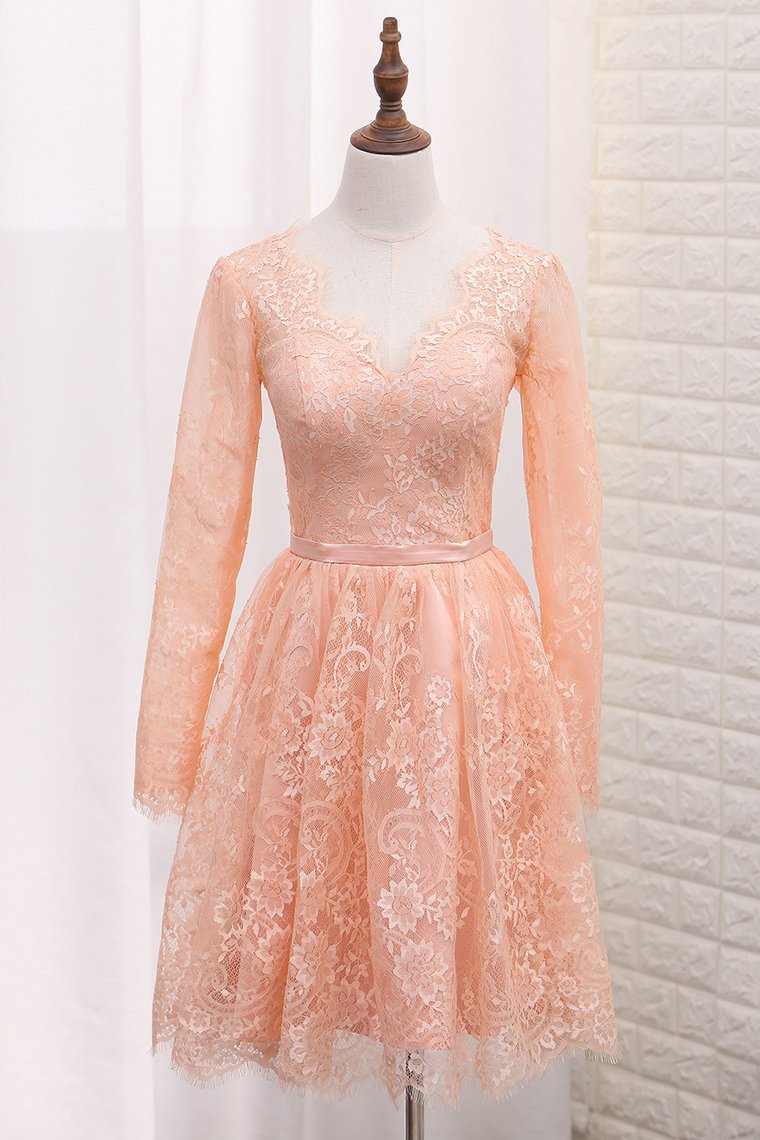 A Line V Neck Long Sleeves Lace Homecoming Dresses With Sash