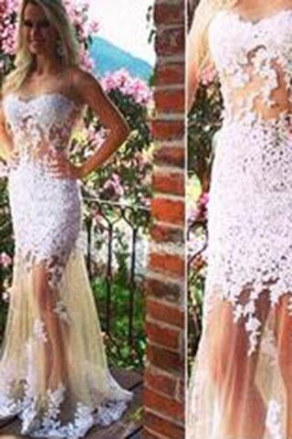 Generous Prom Dress Champagne Tulle Backless with whiter Lace appliques Evening Dress WK841