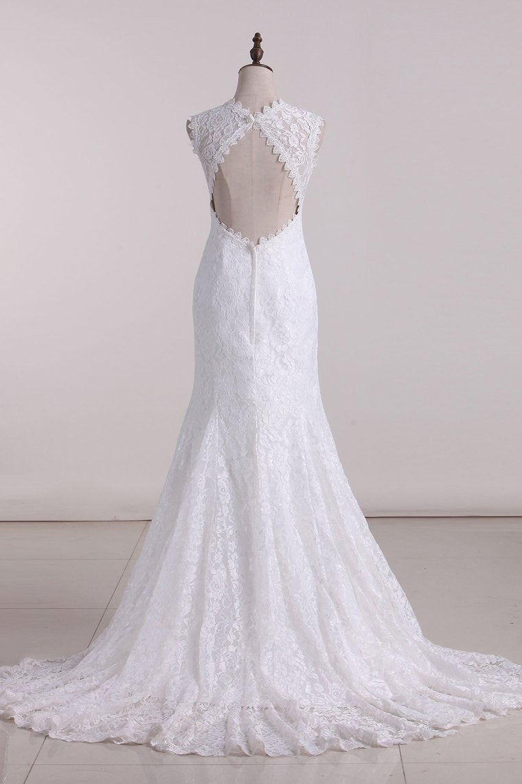 Sexy Open Back Scoop Mermaid Lace Sweep Train Wedding Dresses