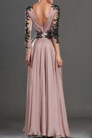 Deep V neck Prom Dress Fashion Long Sleeves Appliques Black And Pink Chiffon Prom Dress WK138