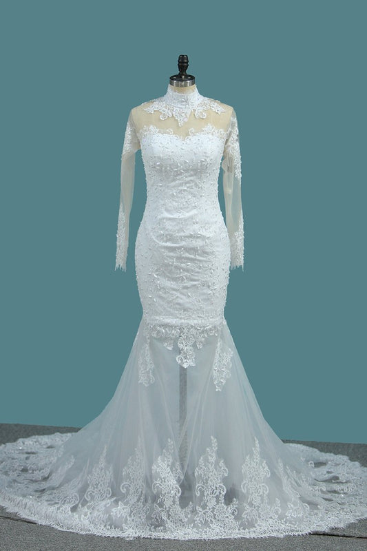 Mermaid Wedding Dresses High Neck Long Sleeves Tulle With Applique And Beads