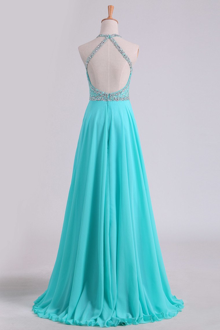 Open Back A Line Prom Dresses Halter Beaded Bodice Sweep Train Chiffon & Tulle
