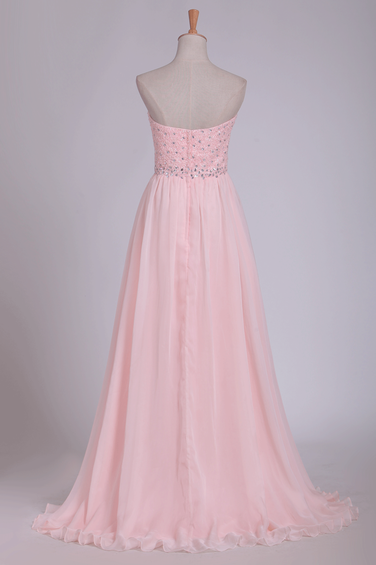 Chiffon Sweetheart Beaded Bodice Prom Dresses A Line With Slit