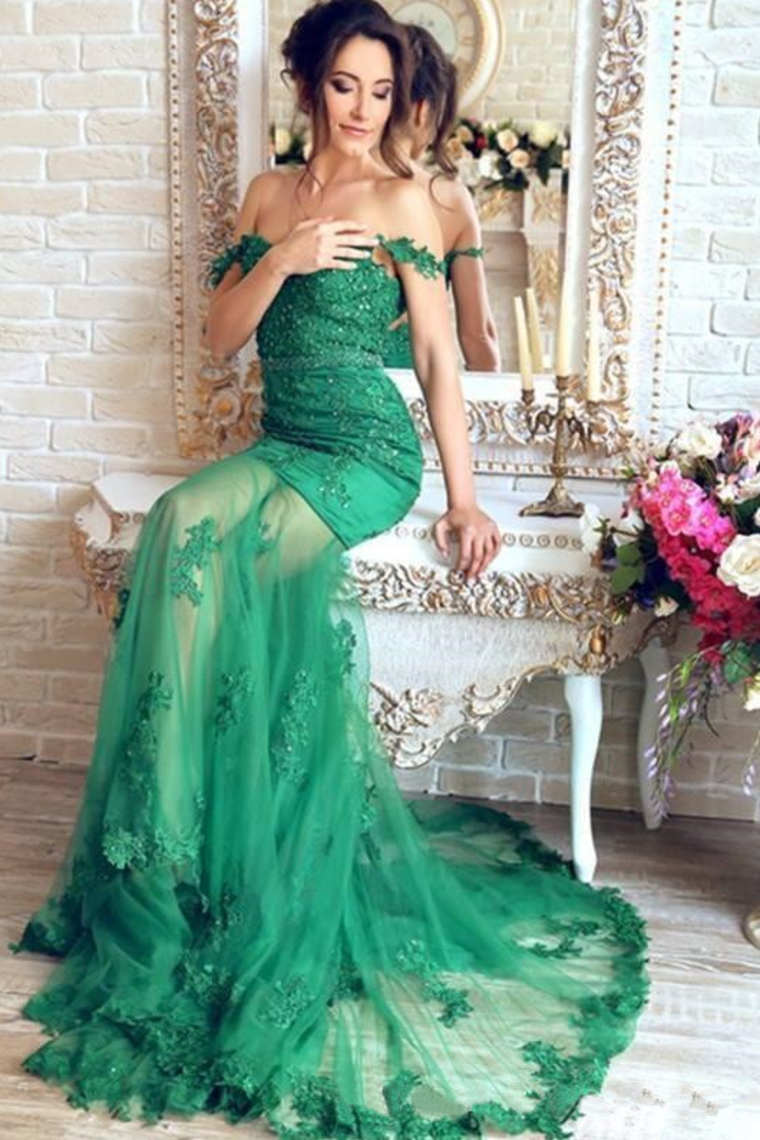 Off The Shoulder Mermaid Prom Dresses With Applique Tulle Sweep Train