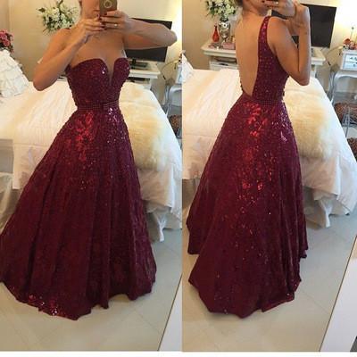 Sexy V-neck Burgundy Backless Floor-Length Lace Prom Dress with Beading WK935