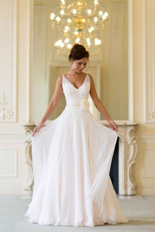 Floor Length V Neck Sleeveless Chiffon Beach Wedding Dress With SWKP3HX82S3
