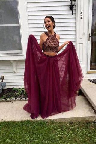 Stylish Burgundy Two Pieces A-line Beading Long Wedding Party Gown Cocktail Formal Wear pst1405