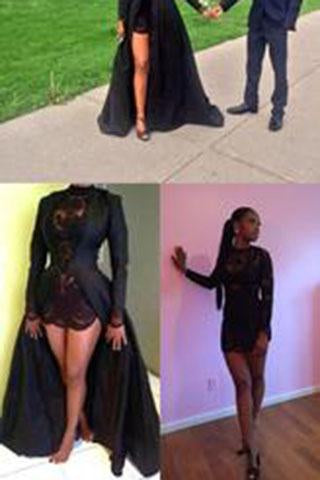 2022 New Style Vintage Long Sleeve Sexy Black A-Line Lace High Neck Prom Dresses WK984