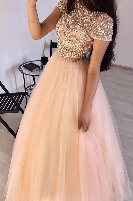 Tulle Beads Long Prom Dress A Line Formal Evening Dress