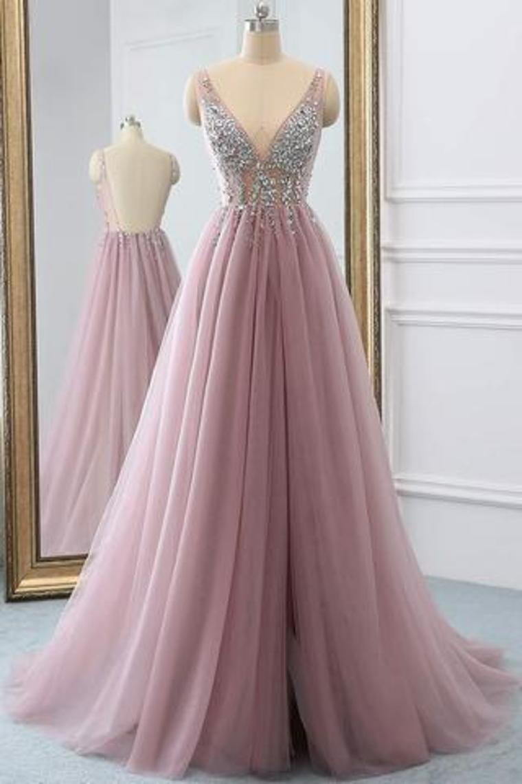 Tulle Beading A-Line V-Neck Prom Dresses WIth Sweep Train