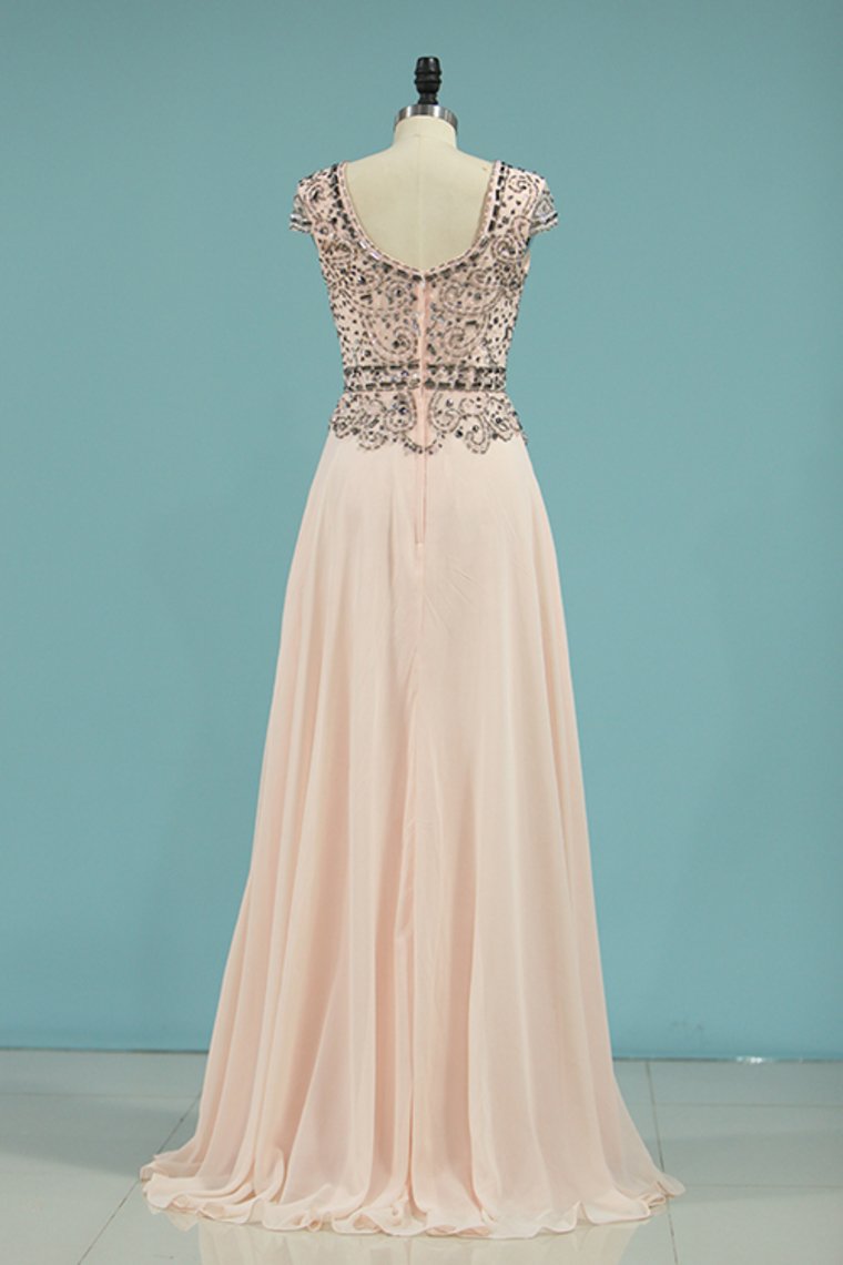 Chiffon Scoop Beaded Bodice Prom Dresses A Line Short Sleeves