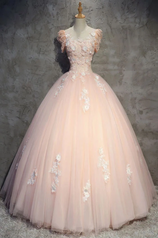 Tulle Long Prom Dress With Flowers, Princess Ball Gown Sheer Neck Party Dress