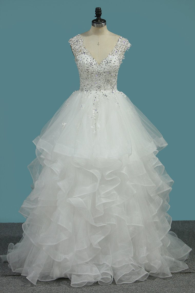 A Line V Neck Wedding Dresses Tulle With Applique Sweep Train