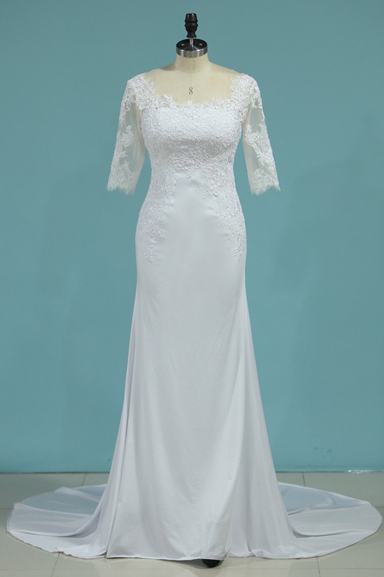 Scoop 3/4 Length Sleeves Wedding Dresses Mermaid Chiffon With Applique
