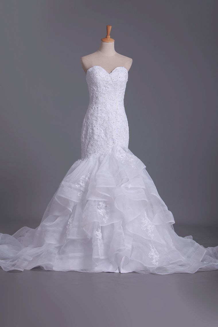 New Arrival Sweetheart Mermaid With Applique And Beads Organza Wedding Dresses