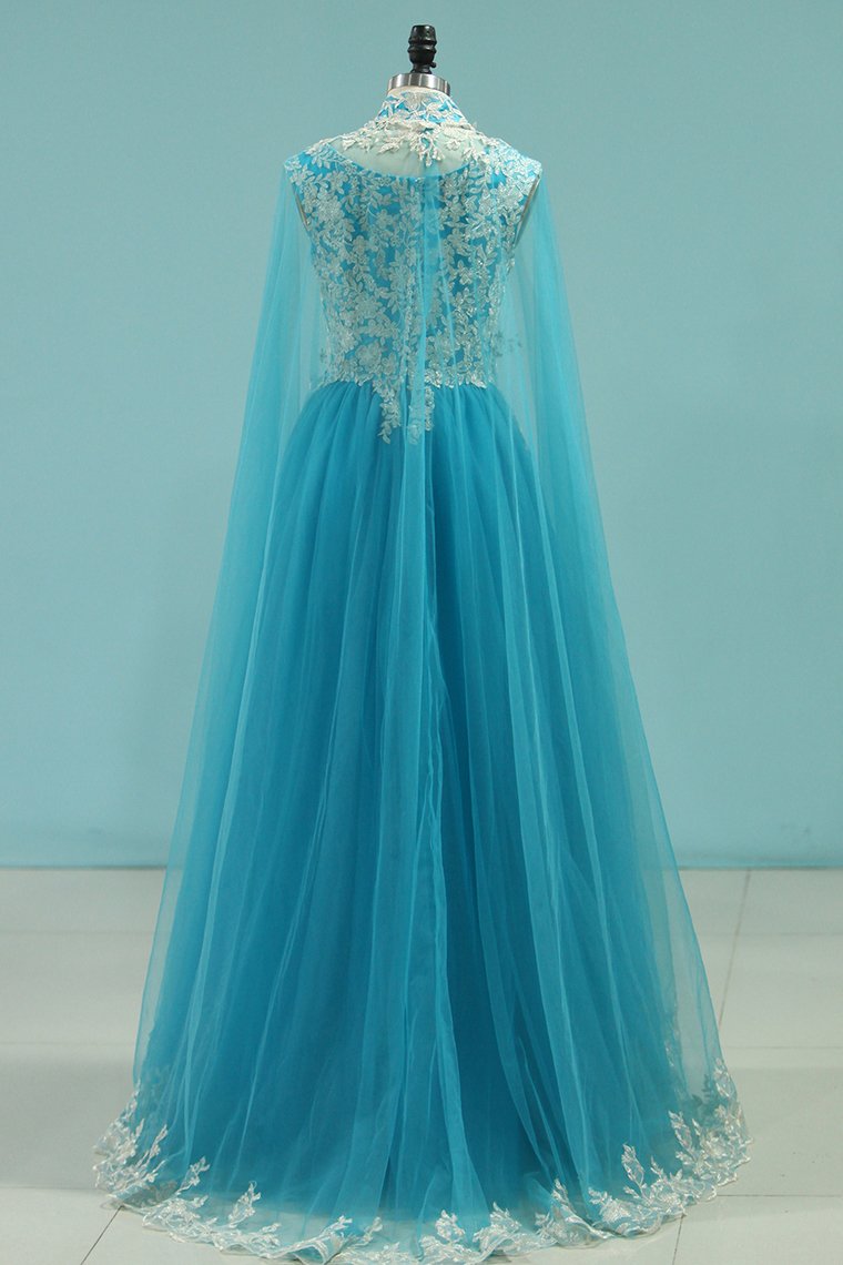 Muslin Prom Dresses With Cape A-Line Spaghetti Straps Tulle With Gold Applique Floor-Length
