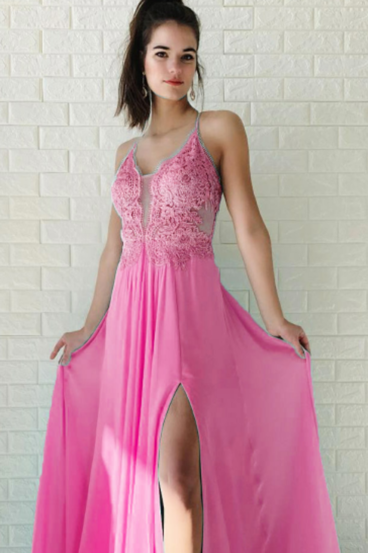 Chiffon Prom Dresses With Applique Sweep Train Spaghtti Straps
