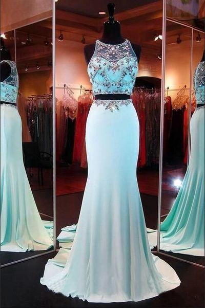 Two Piece Green Mermaid Halter Sleeveless Beads Sparkle Formal Dress For Teens WK54
