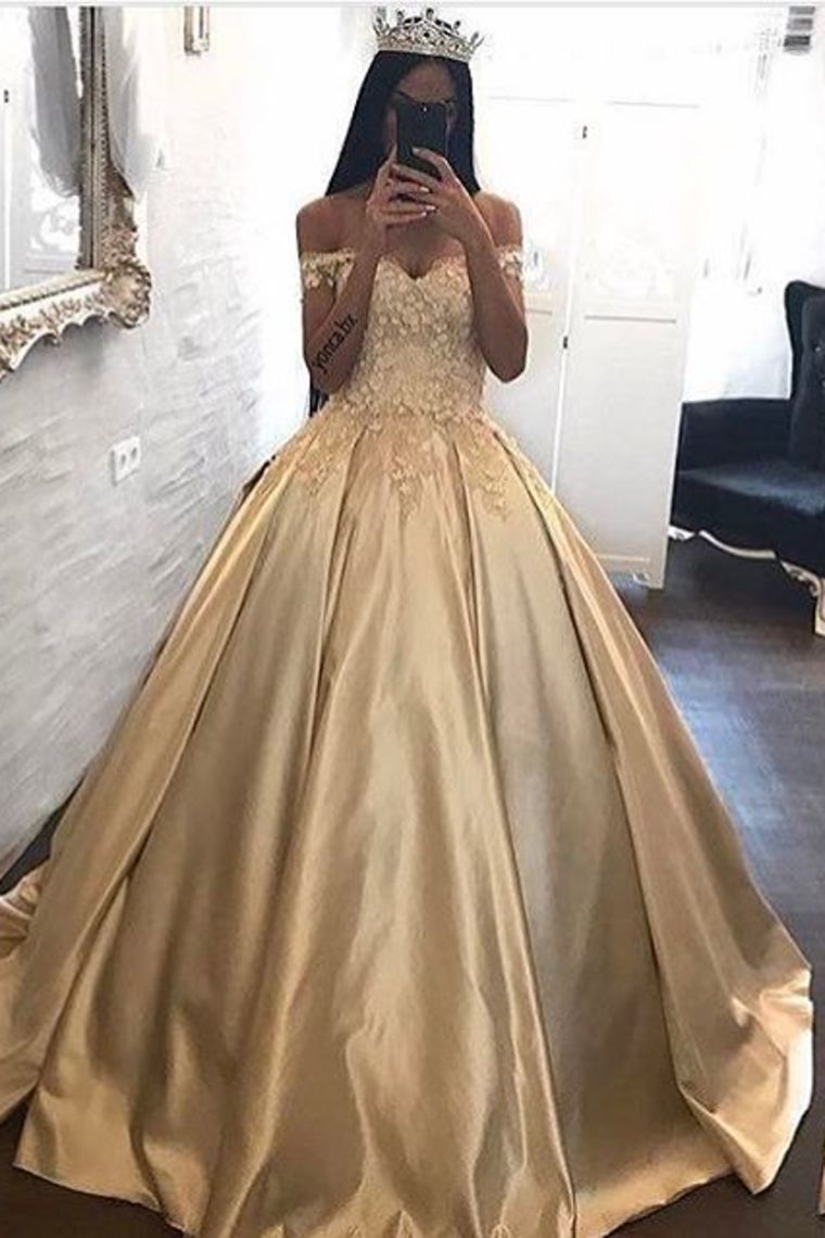 New Arrival Ball Gown Off-The-Shoulder Satin With Applique Color Prom Dresses