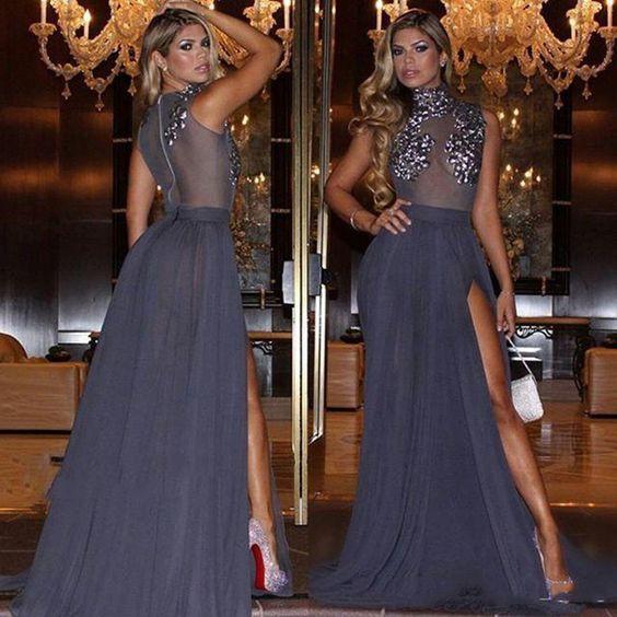 Navy Blue Lace Sheer Prom Dress Formal Dress Sexy Prom Dress Party Dress WK726